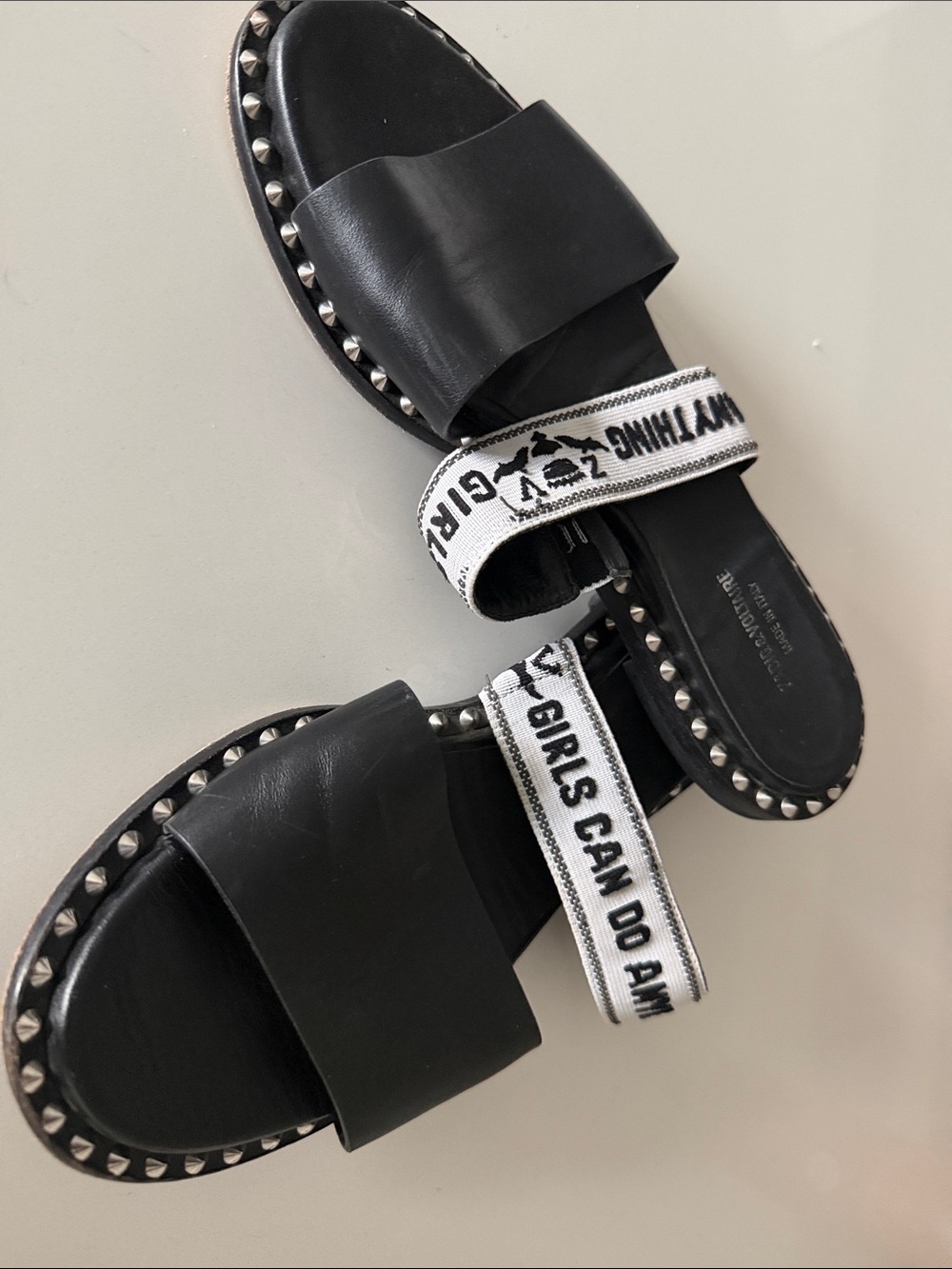 Zadig and Voltaire Stud-Trim Black Slide Sandals with Statement Elastic Strap